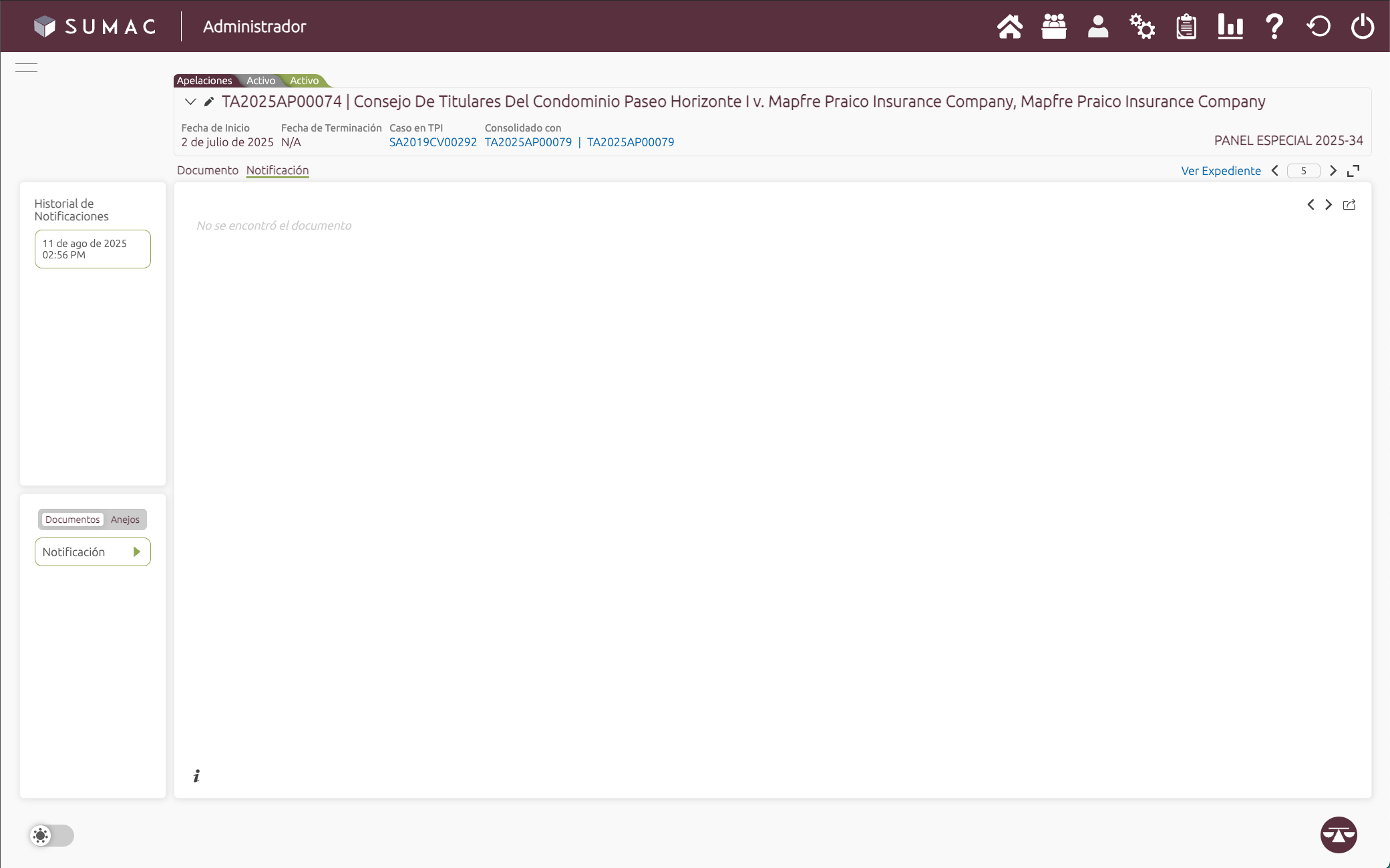 Tab de notificación de la moción informativa, parece tener notificación
